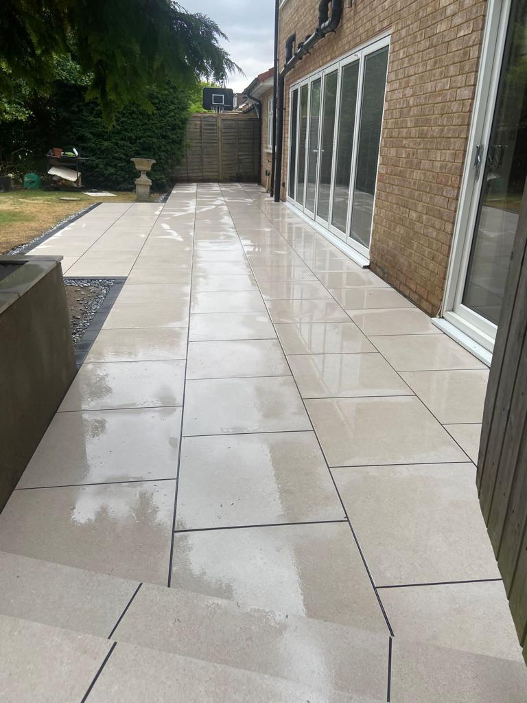 Grey patio with garden